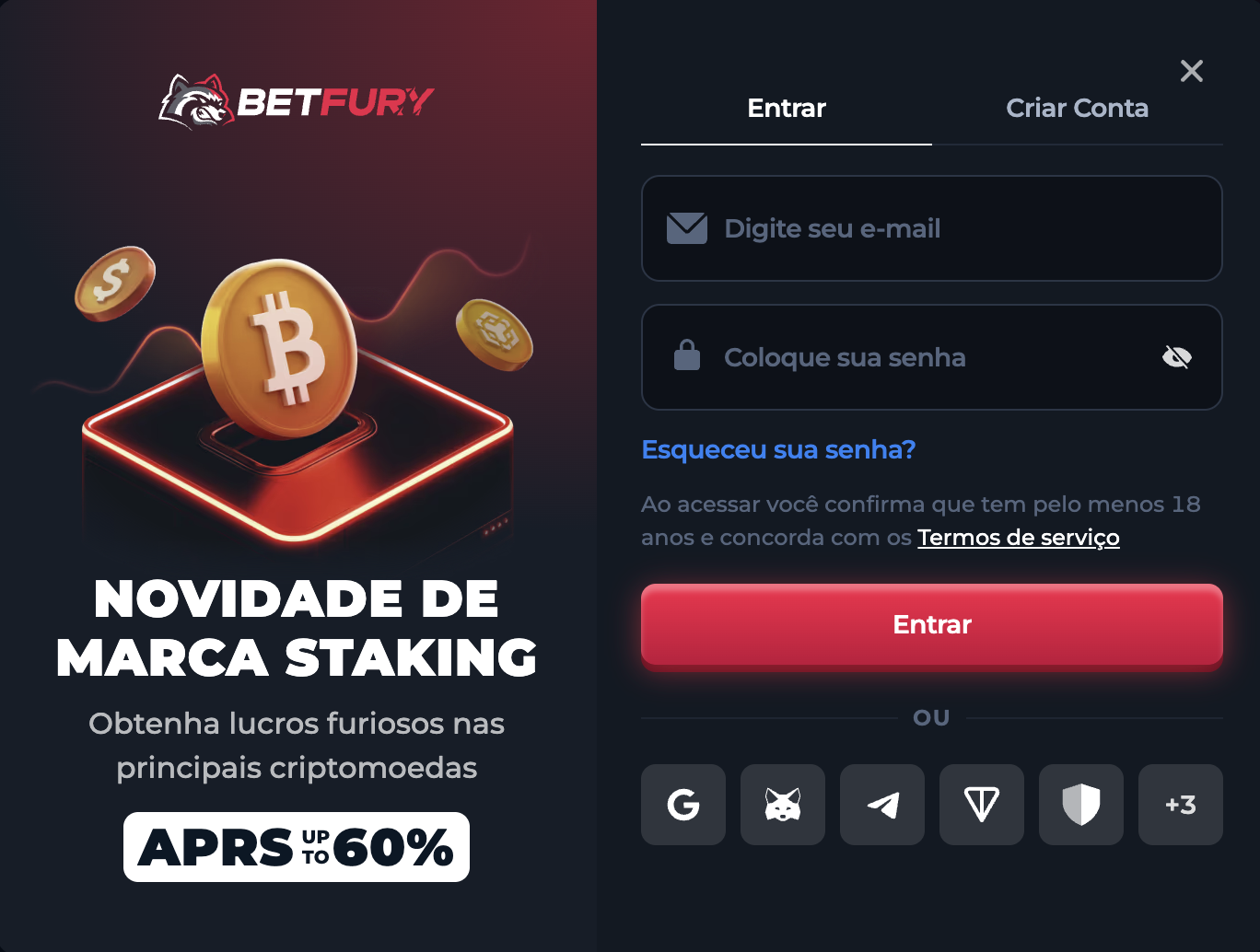 Janela de login da BetFury em português do Brasil com campos de acesso